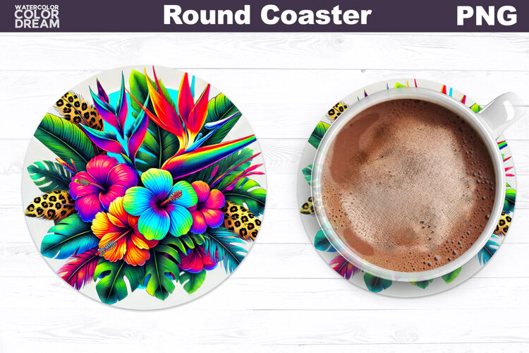 Tropical Flower Round Coaster | Neon Flowers Coaster example image 1