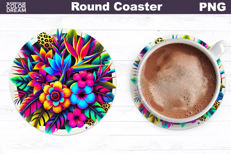 Tropical Flower Round Coaster | Neon Flowers Coaster example image 1