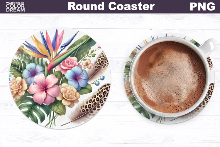 Tropical Flower Round Coaster | Neon Flowers Coaster example image 1