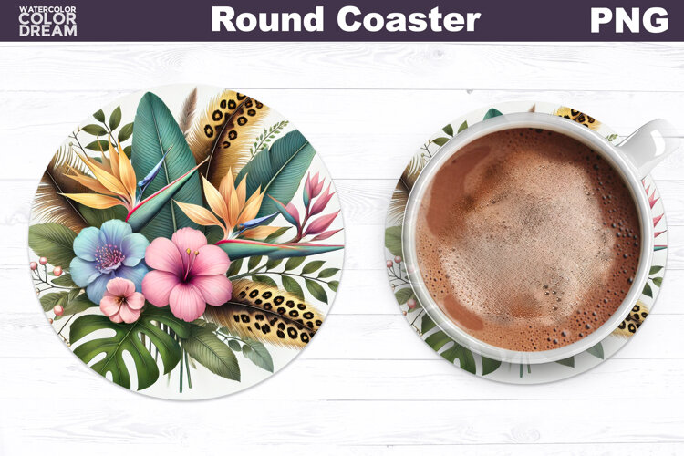 Tropical Flower Round Coaster | Neon Flowers Coaster example image 1