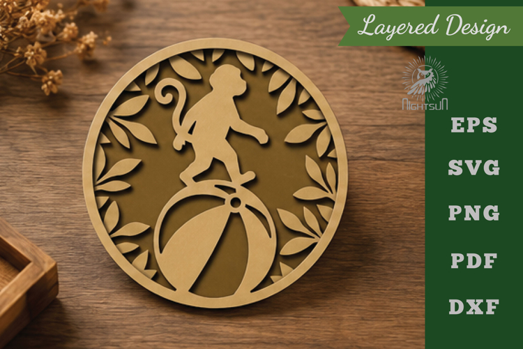 Floral Round Monkey Lasercut Wall Decor SVG