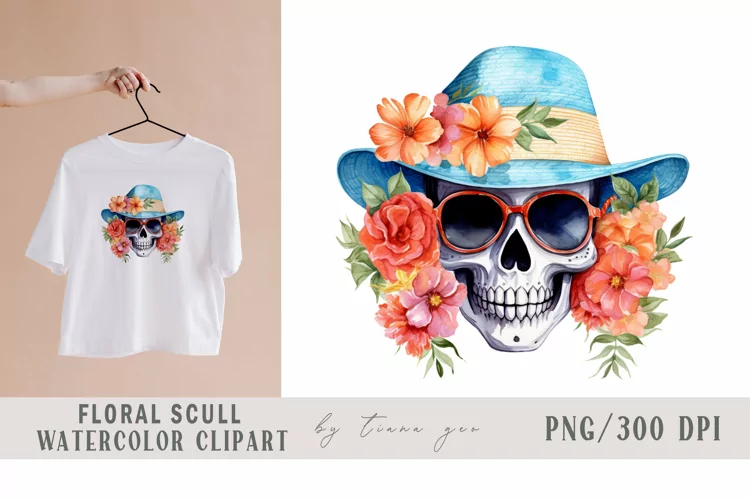 Floral summer skull with flower bouquet clipart- 1 png file