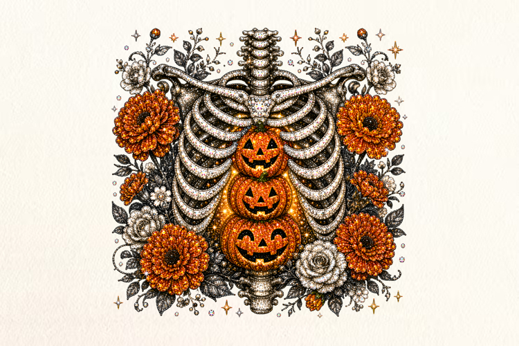 Floral Skeleton Pumpkin Rhinestone PNG Design