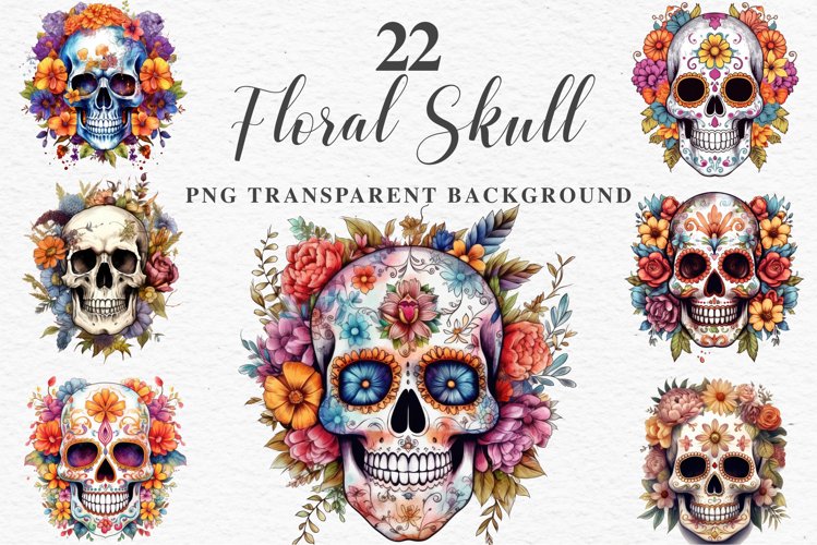 Floral Skeleton Skull Halloween Creepy Clipart PNG Scrapbook