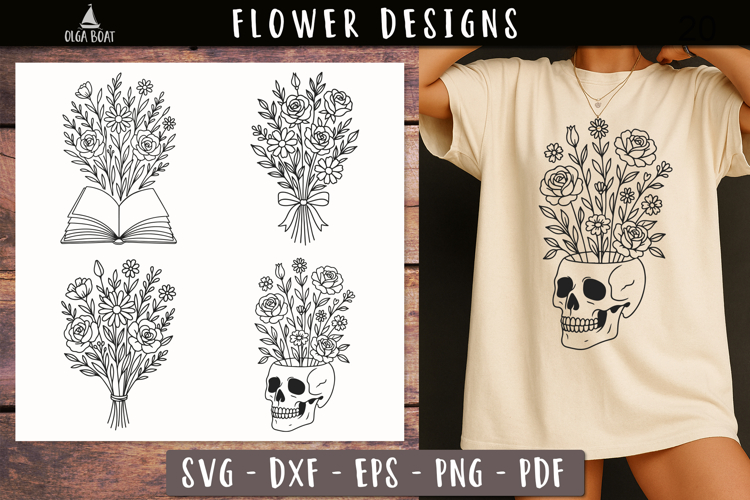 Floral Skull Book Wild Flower bouquet SVG designs