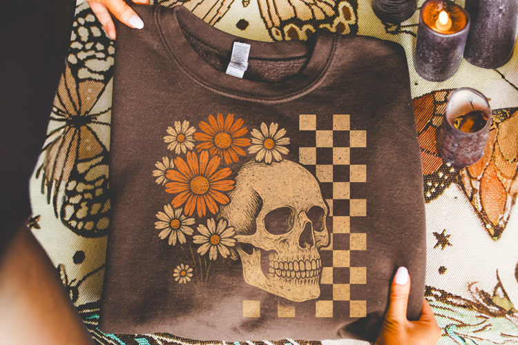 Floral Checkered Skull PNG, Halloween PNG, Fall PNG, Spooky