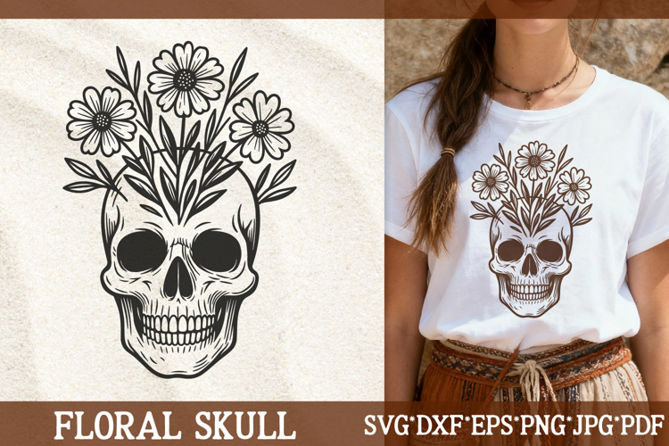 Floral Skull SVG Files | Wildflower Boho Skeleton Art