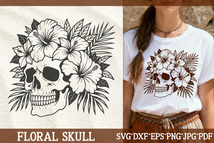 Floral Skull SVG Files | Tropical Flowers Cut File