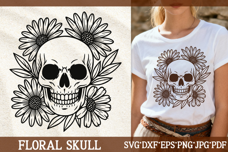 Floral Skull SVG Files | Daisy Flowers Boho Skeleton Art