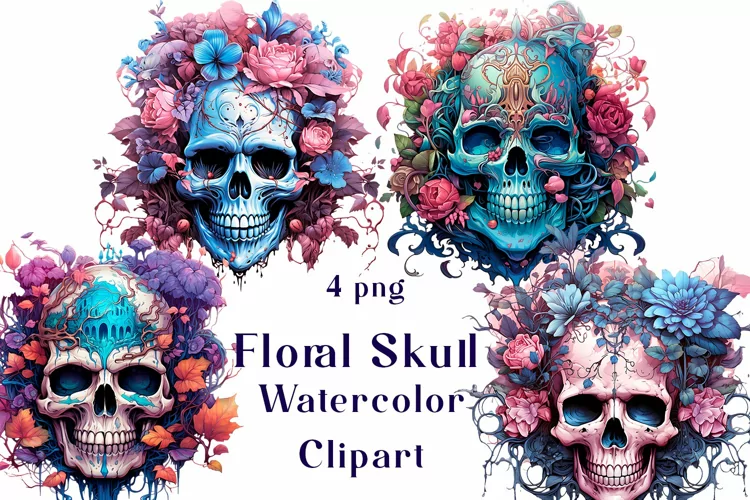 Floral Skull Watercolor Clipart