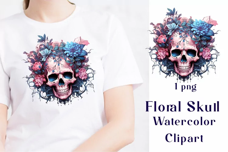 Halloween Watercolor Skull Floral Clipart Sublimation