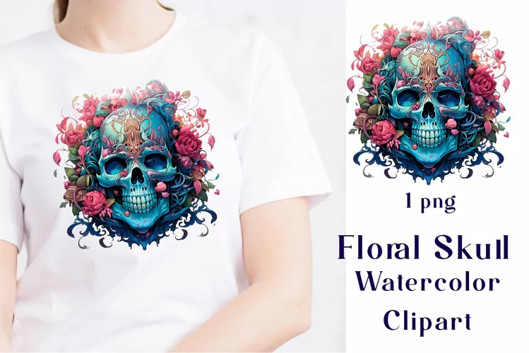 Pink and blue Floral Skulls Watercolor Clipart