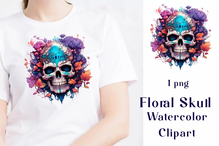 Purple Floral Skulls Watercolor Clipart