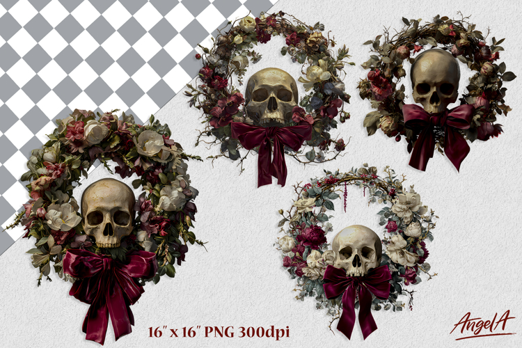 Gothic floral wreath clipart with skull, coquette bow flower