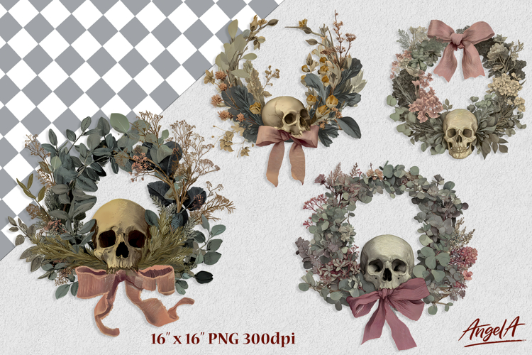 Gothic floral wreath clipart with skull flowers coquette bow