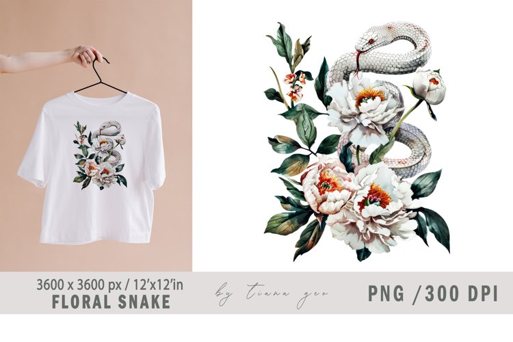 Watercolor floral white snake clipart - 1 png