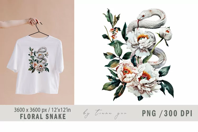 Watercolor floral white snake clipart - 1 png
