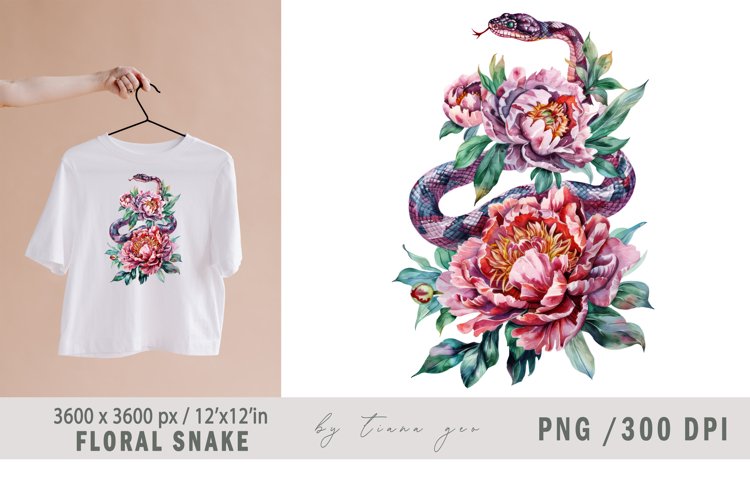 Watercolor floral purple snake with peony bouquet - 1 png