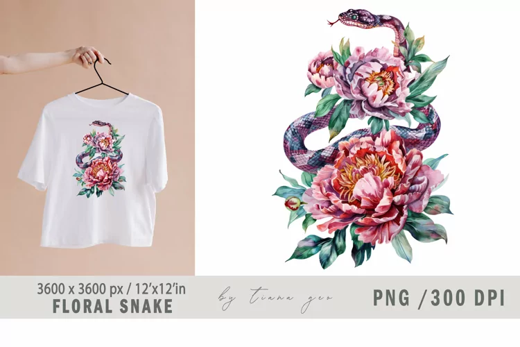Watercolor floral purple snake with peony bouquet - 1 png