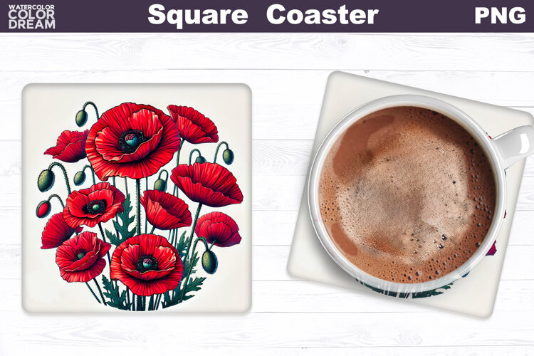 Wildflowers Square Coaster |Poppy Flowers Square Coaster example image 1