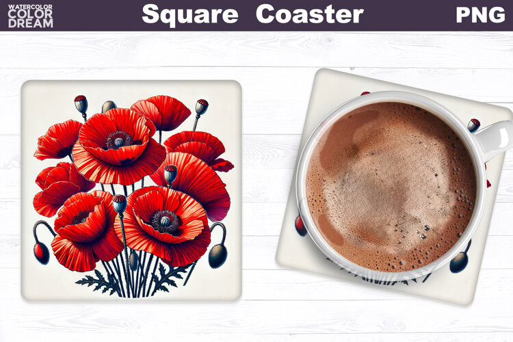 Wildflowers Square Coaster |Poppy Flowers Square Coaster example image 1