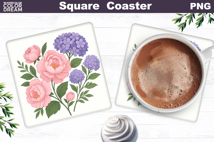 Pink Peony Square Coaster | Hydrangeas Floral Sublimation