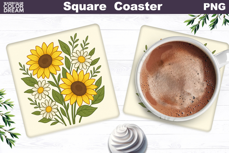 Sunflowers Square Coaster | Vintage Daisies Sublimation