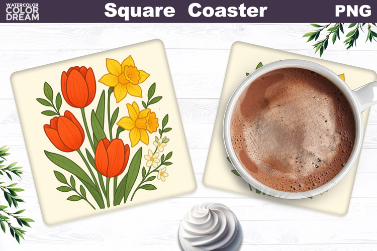 Tulips Square Coaster | Daffodil Spring Floral Sublimation