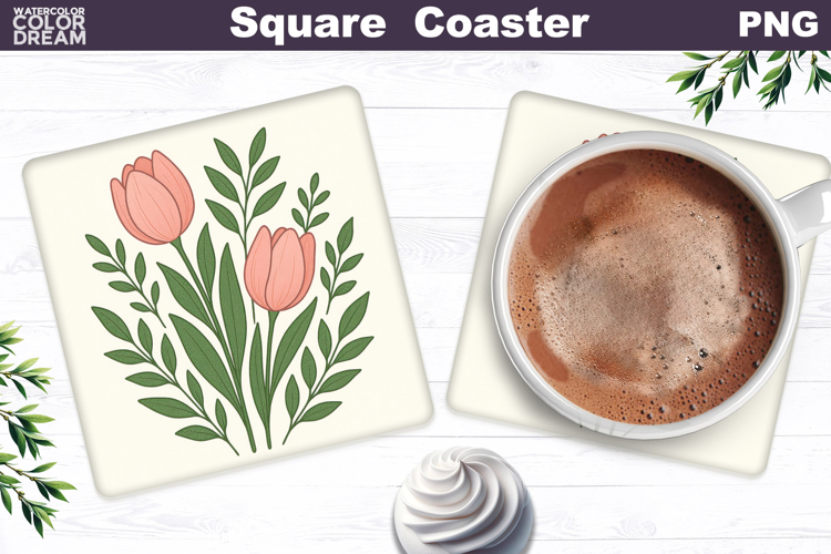 Pink Tulip Square Coaster | Spring Floral Sublimation