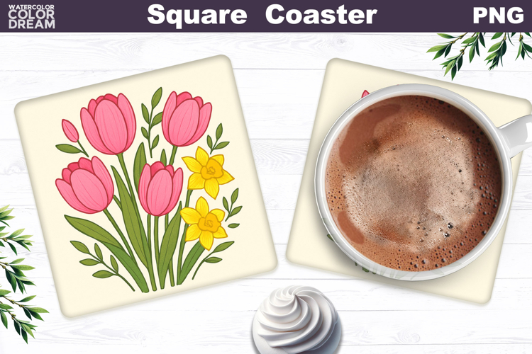 Tulips Square Coaster | Daffodil Spring Floral Sublimation