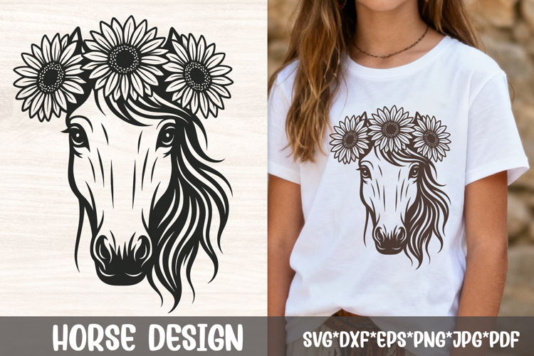 Floral Sunflower Crown Horse SVG Engraving| Boho Line Art