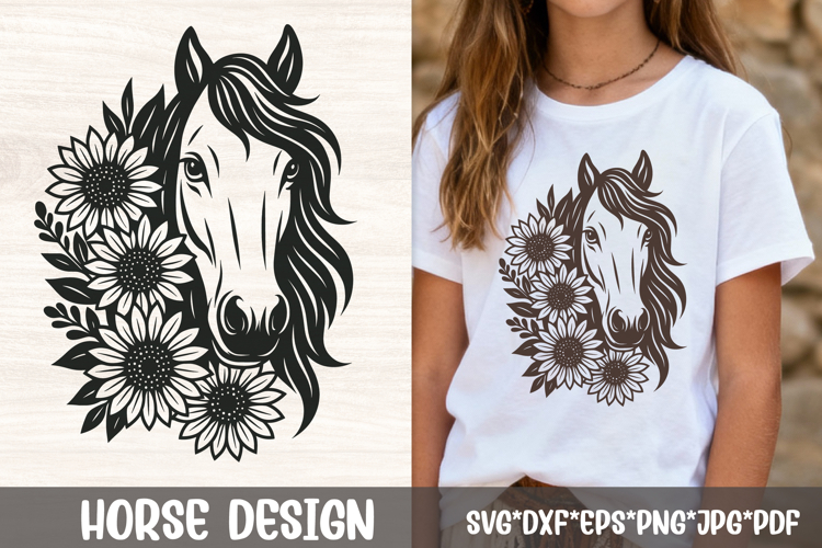 Floral Sunflower Horse Head SVG | Boho Western Line Art