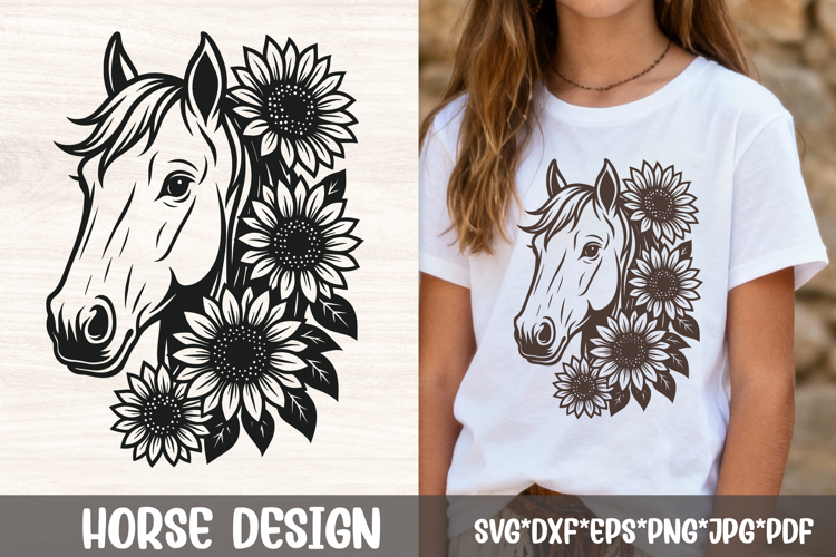 Floral Sunflower Horse Head SVG | Western Line Art