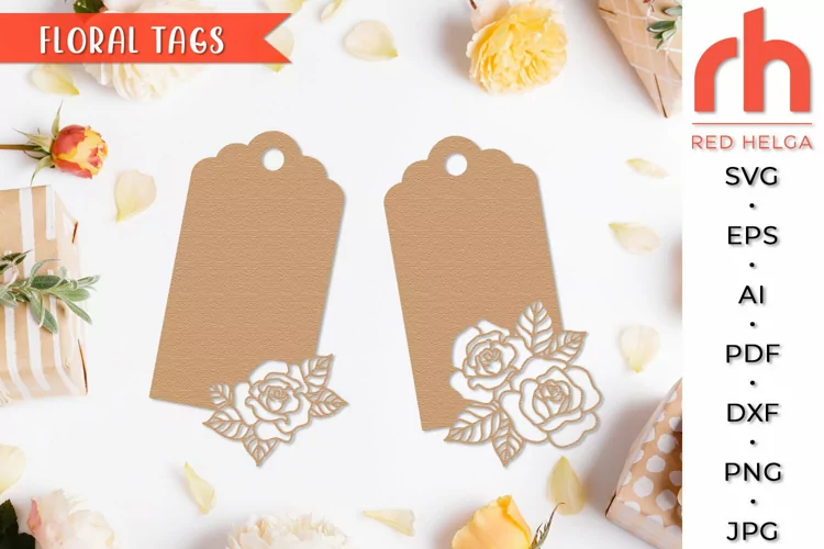 Floral Tag SVG, Rose Label Cut File, Tag with Flowers DXF