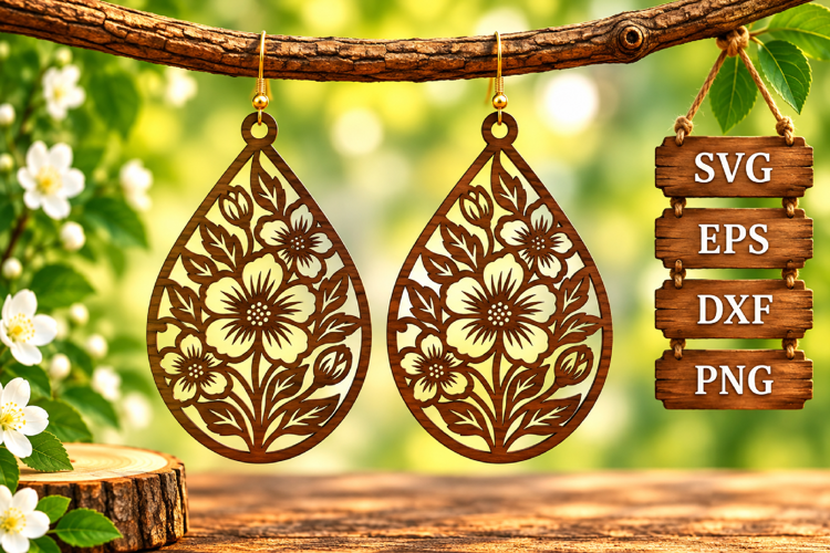 Floral Teardrop Earring Anemone Poppy Blossom Wood Laser SVG