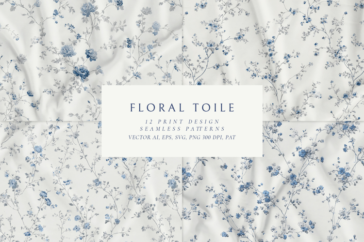 Floral Blue Toile de Jouy Seamless Vintage Botanical Pattern