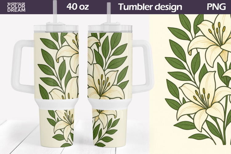White Lily Tumbler Wrap Design | 40 oz Floral Sublimation