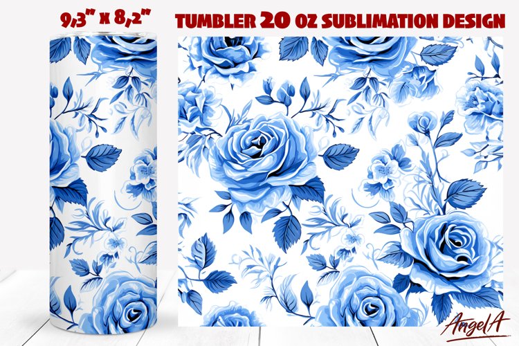 Floral tumbler wrap, blue roses, retro blue floral tumbler example image 1