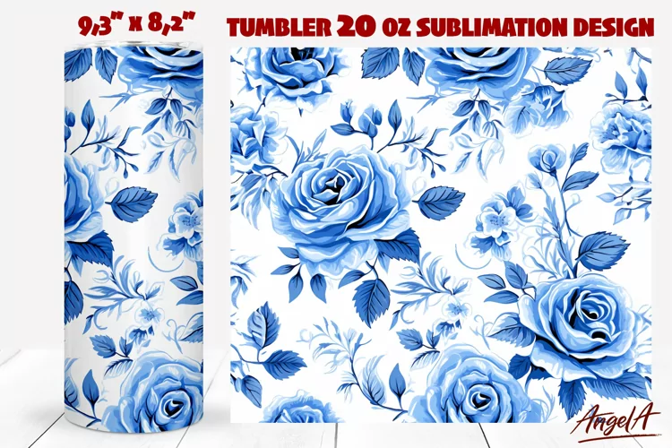 Floral tumbler wrap, blue roses, retro blue floral tumbler