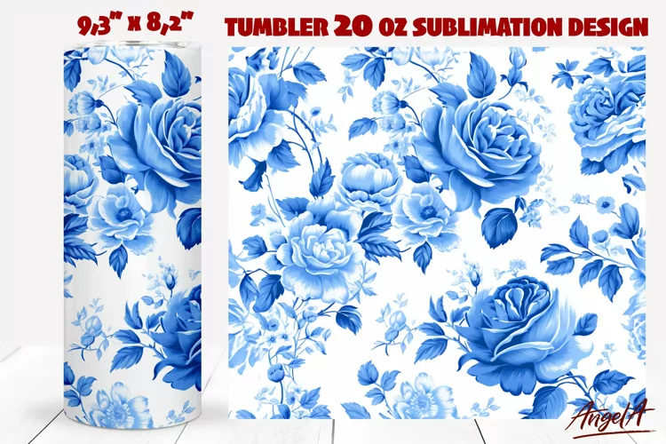 Roses tumbler wrap, blue and white retro blue floral tumbler