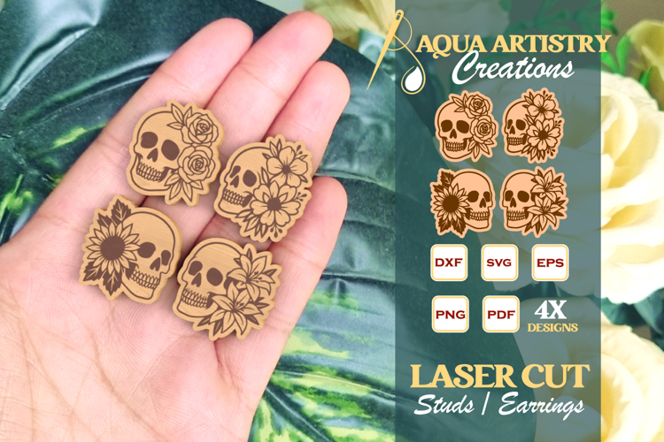4x Floral Skulls Studs Earrings, Laser Cut SVG Templates