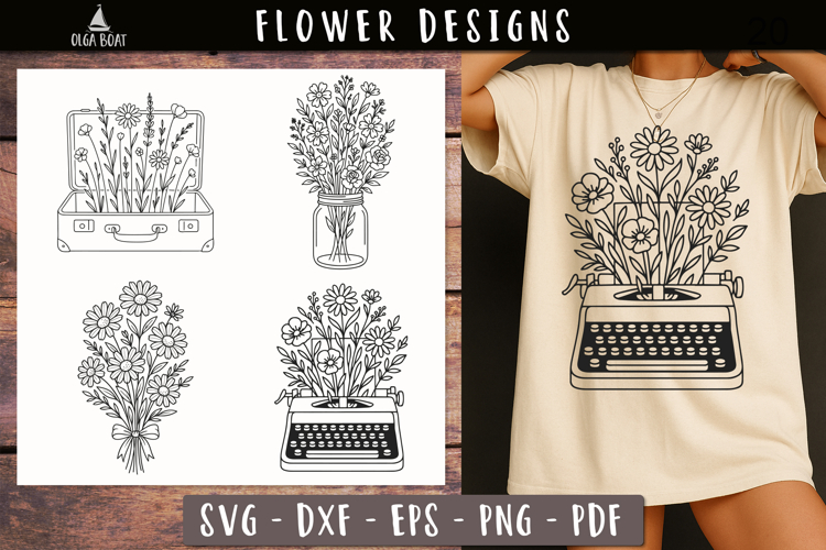 Floral Typewriter Suitcase SVG Vintage print