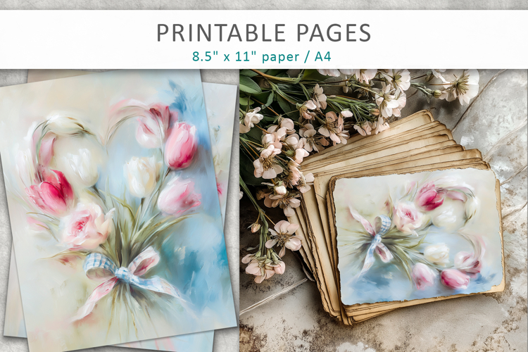 flower heart printable pages, love themed digital paper