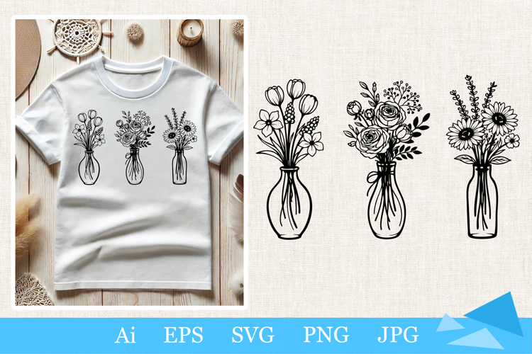 Wildflowers in a Vase. Set of three Floral Vase Line Art SVG