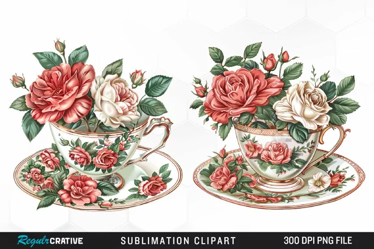 Floral Vintage Tea Cup Artwork Clipart