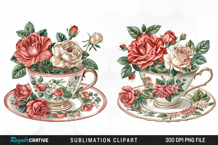 Floral Vintage Tea Cup Artwork Clipart