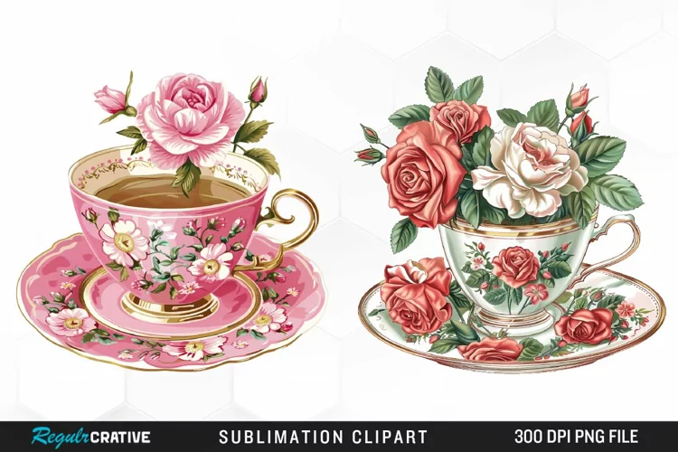 Floral Vintage Tea Cup Artwork Clipart