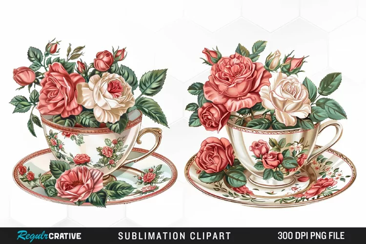 Floral Vintage Tea Cup Artwork Clipart