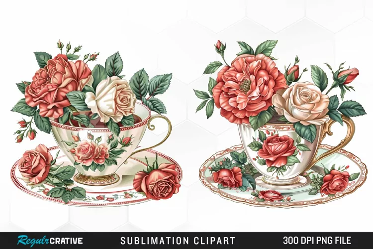 Floral Vintage Tea Cup Design Clipart