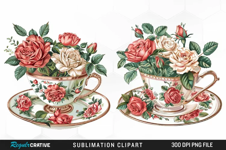 Floral Vintage Tea Cup Artwork Clipart